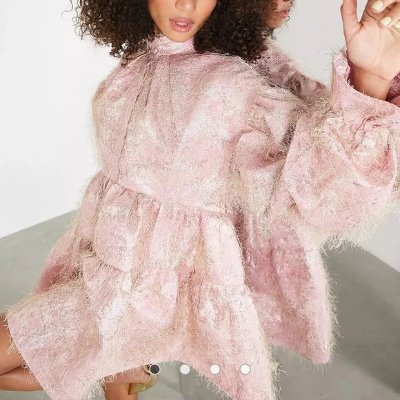 ASOS EDITION tiered smock mini dress with high neck in fluffy jacquard in pink - Picture 1 of 4